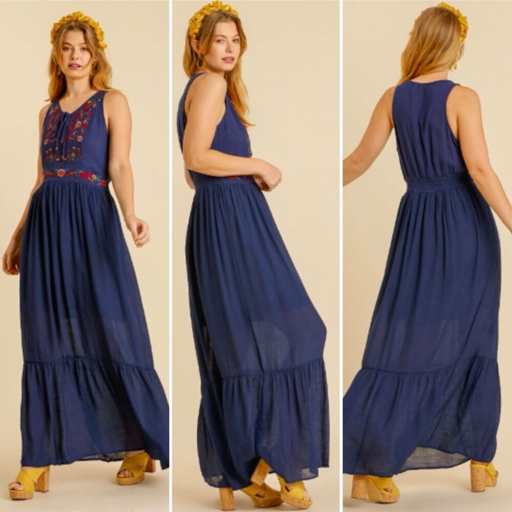 Umgee Sleeveless Tiered Maxi Embroidered Bodice Dress Blue L